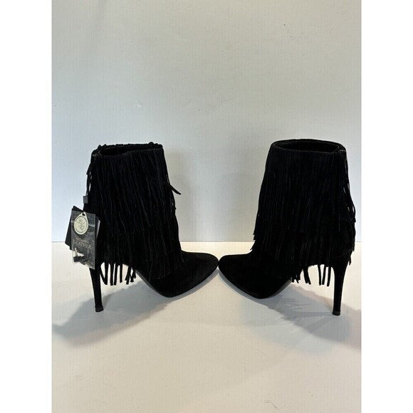 ZARA WOMENS BLACK LEATHER SUEDE FRINGED HIGH HEEL ANKLE BOOTS SZ 38 US 7.5 - Picture 3 of 13
